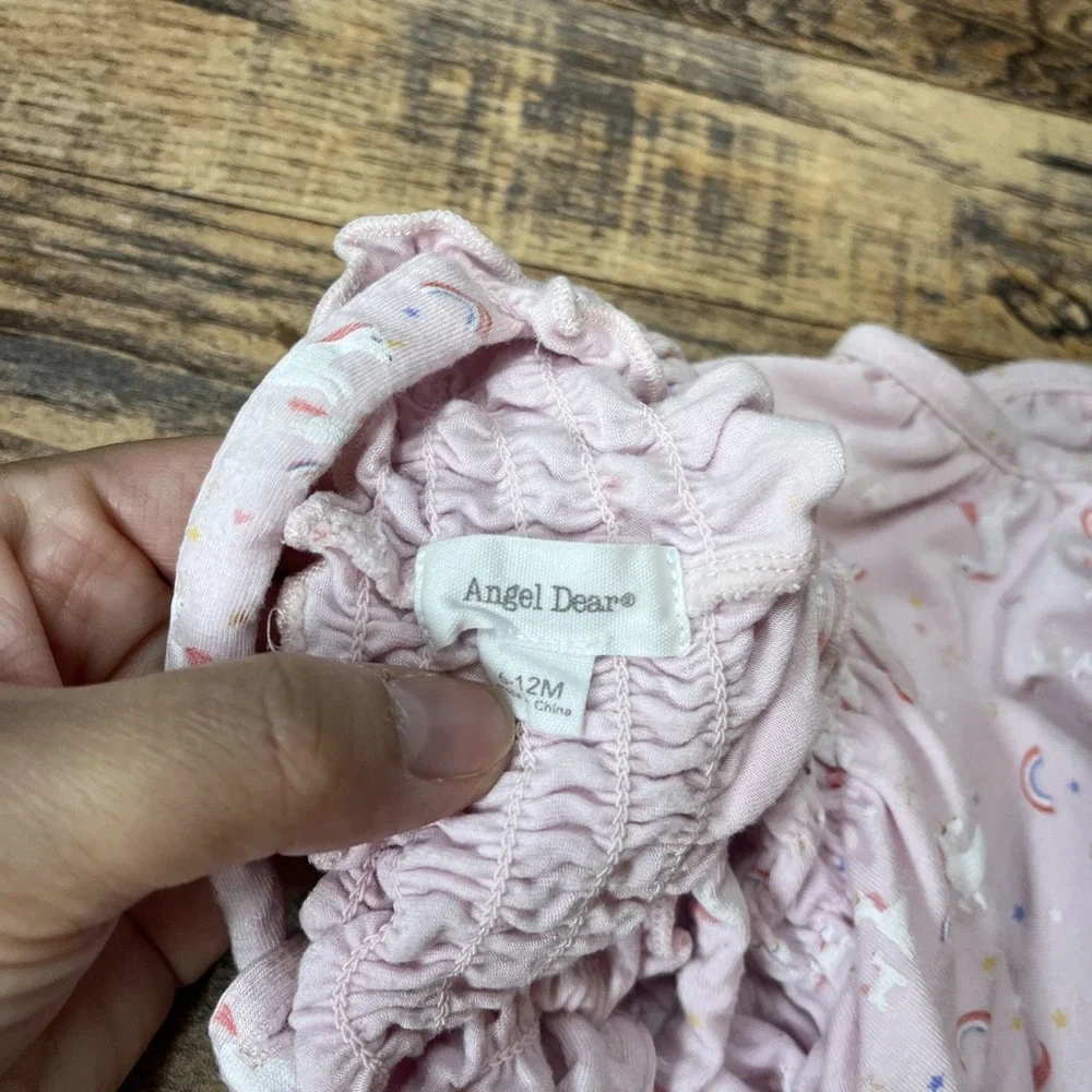 Angel Dear Bamboo Bubble Romper‎ Baby Girl 6-12m Unicorn Cross Back Smocked